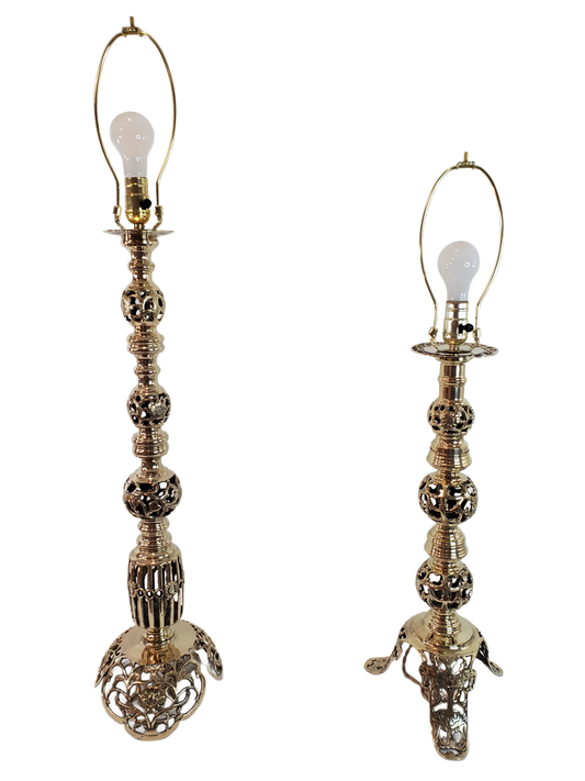 Vintage Asian Inspired Brass Filigree Lamp Pair