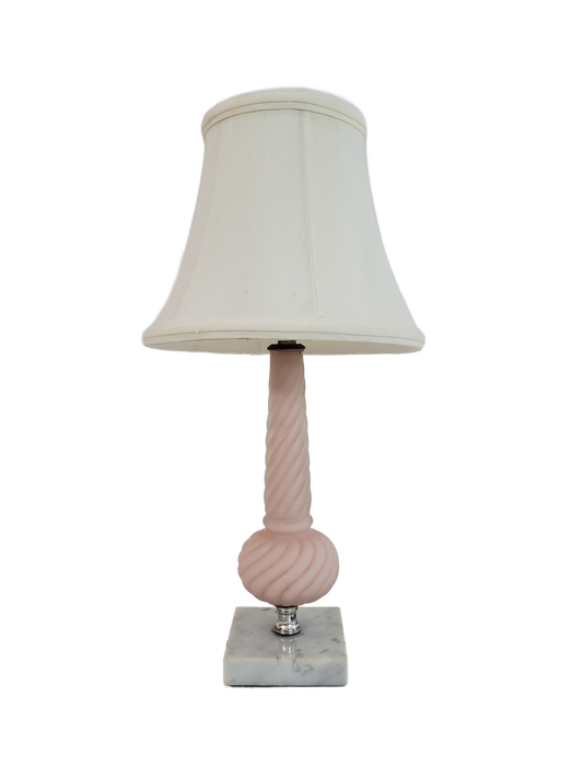 Vintage Satin Boudoir 1950s Lamp - Pink Glass Twist w Marble Base