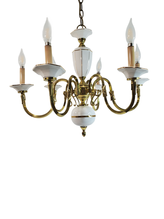 Vintage Mid Century Italian White and Gold Hollywood Regency Style 6 light Chandelier