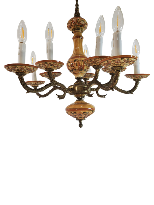 Vintage Porcelain and Brass 10-Light Chandelier