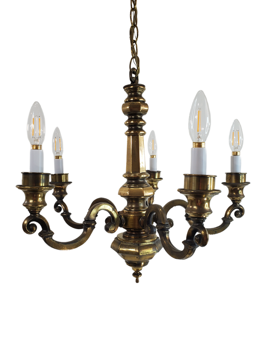 Large Brass Chandelier Hollywood Regency 5-Light