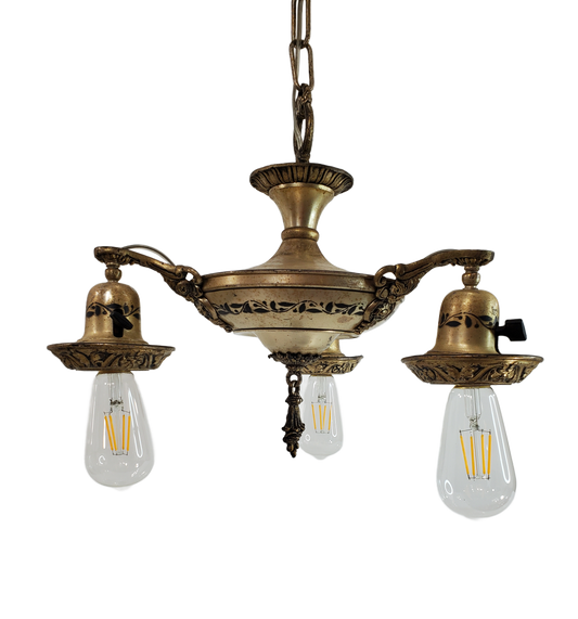 Antique 3-Light Pan Chandelier - Original 1920s Finish