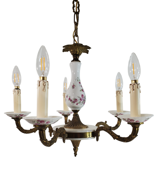 Mid-Century Brass and Porcelain 5-Light Floral Chandelier