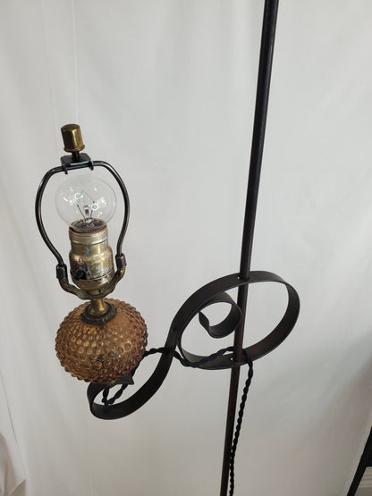 Antique Adjustable Wrought Iron Bridge Lamp - Amber Hobnail Glass