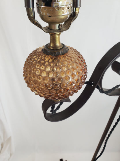 Antique Adjustable Wrought Iron Bridge Lamp - Amber Hobnail Glass