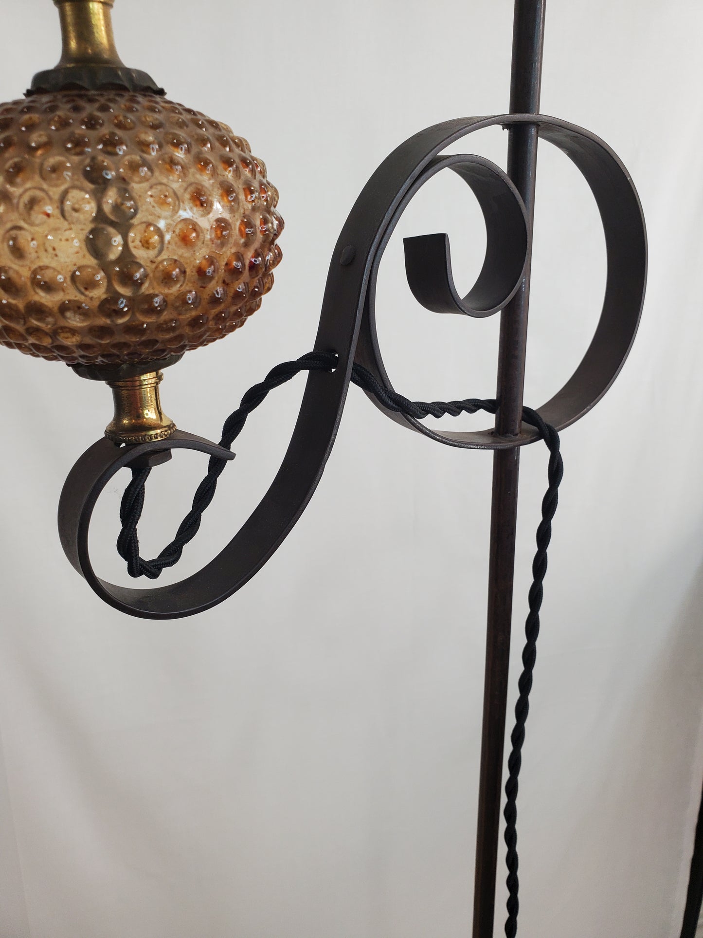 Antique Adjustable Wrought Iron Bridge Lamp - Amber Hobnail Glass