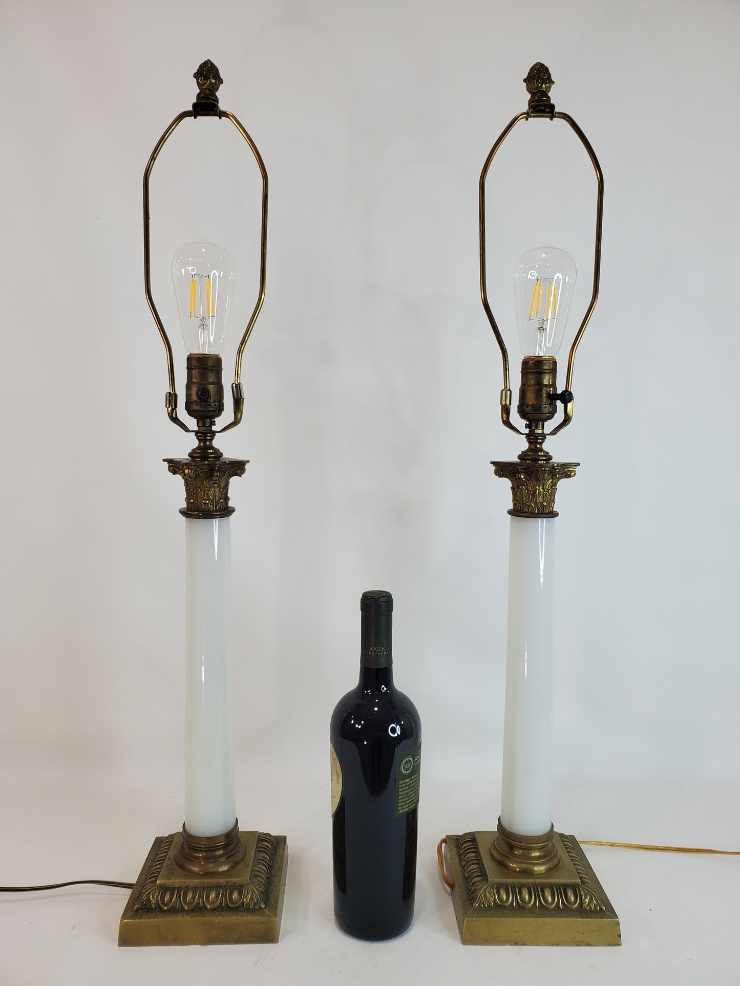 Pair Vintage Opaline Glass & Brass Neoclassical Column Table Lamps