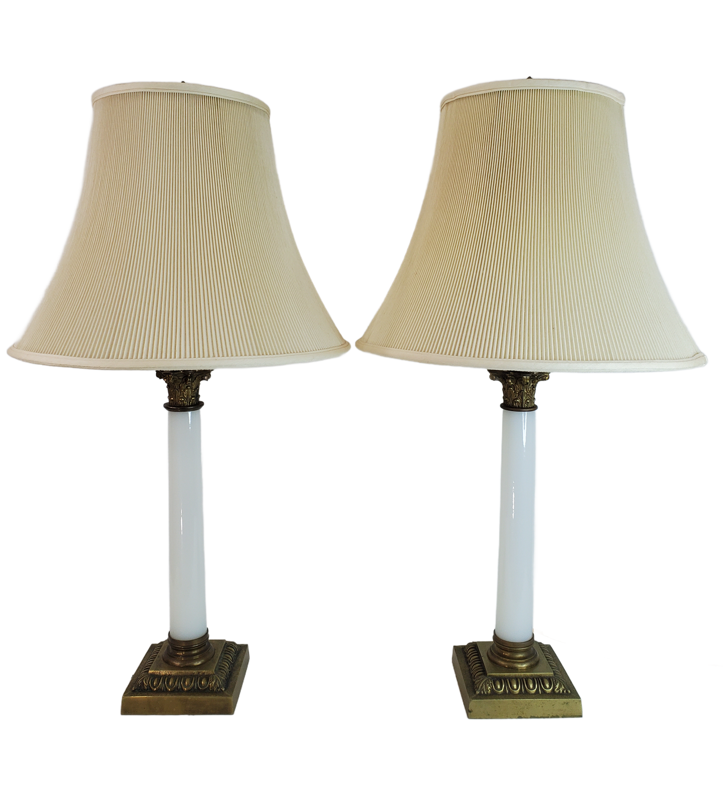 Pair Vintage Opaline Glass & Brass Neoclassical Column Table Lamps