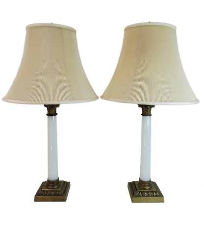 Pair Vintage Opaline Glass & Brass Neoclassical Column Table Lamps