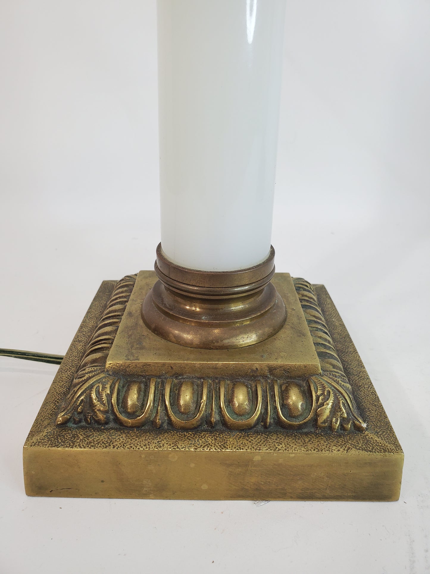 Pair Vintage Opaline Glass & Brass Neoclassical Column Table Lamps