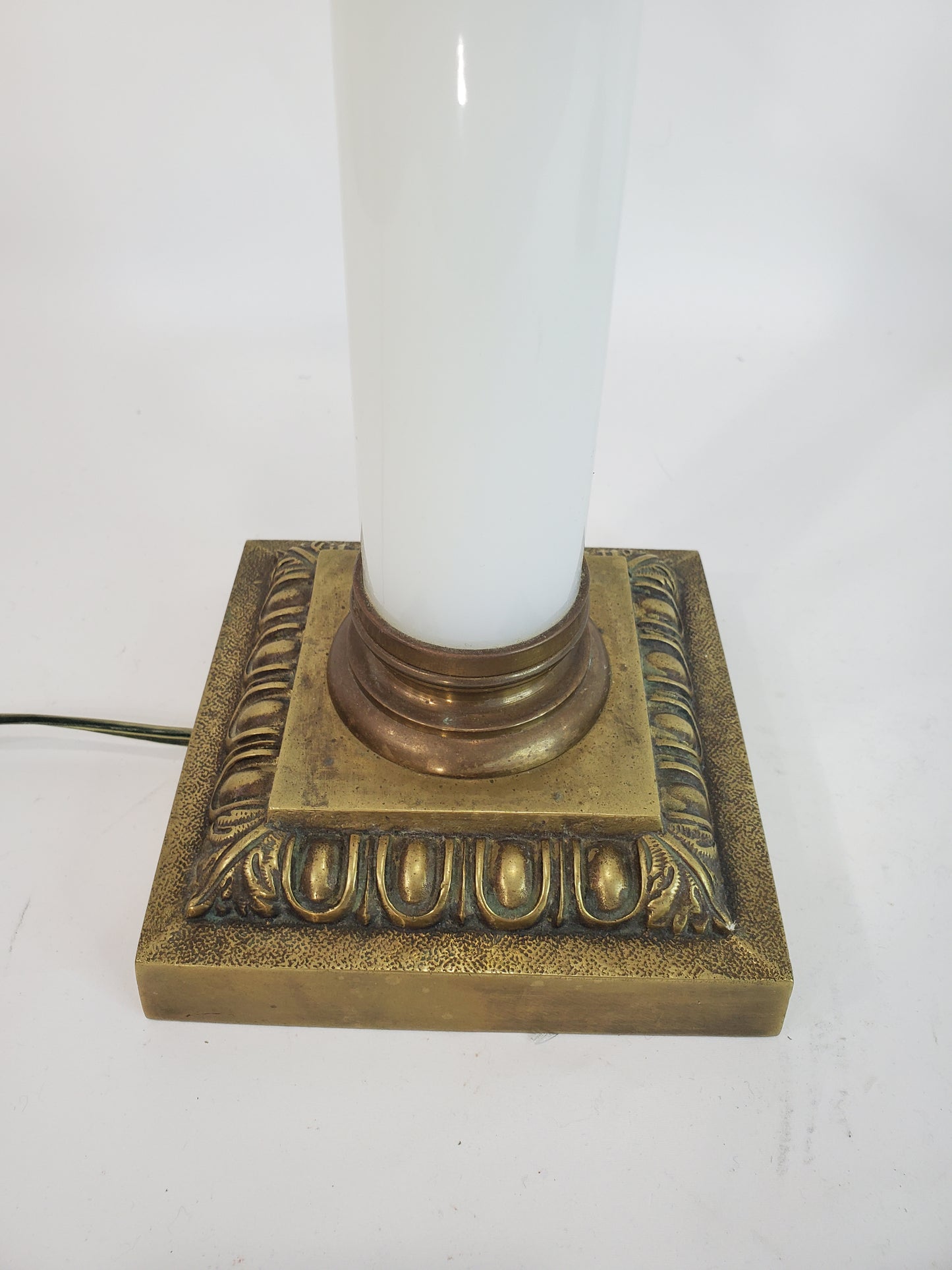 Pair Vintage Opaline Glass & Brass Neoclassical Column Table Lamps