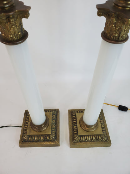 Pair Vintage Opaline Glass & Brass Neoclassical Column Table Lamps