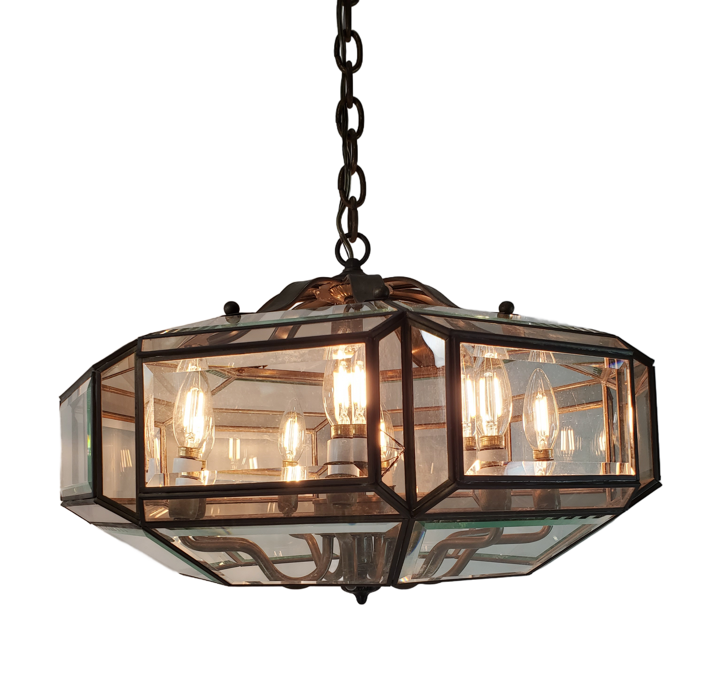 MCM 8-light Brass and Beveled Glass Chandelier Pendant