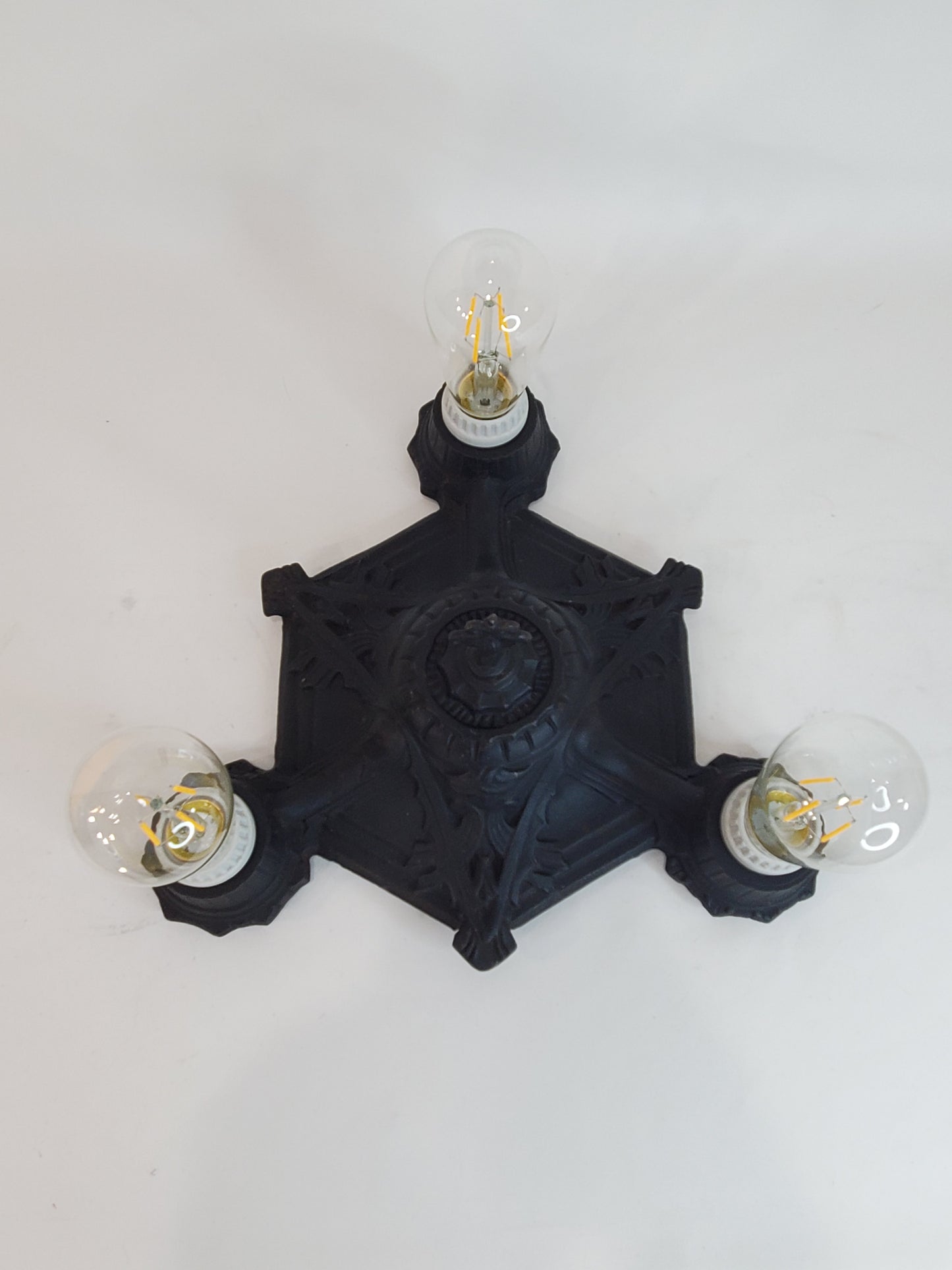 Antique 1920's Art Deco Cast Iron Black 3 Light Flush Mount Ceiling Light