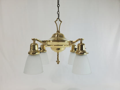 Antique 1920s Polished Brass 4-Light Pan Chandelier - Fully Restored