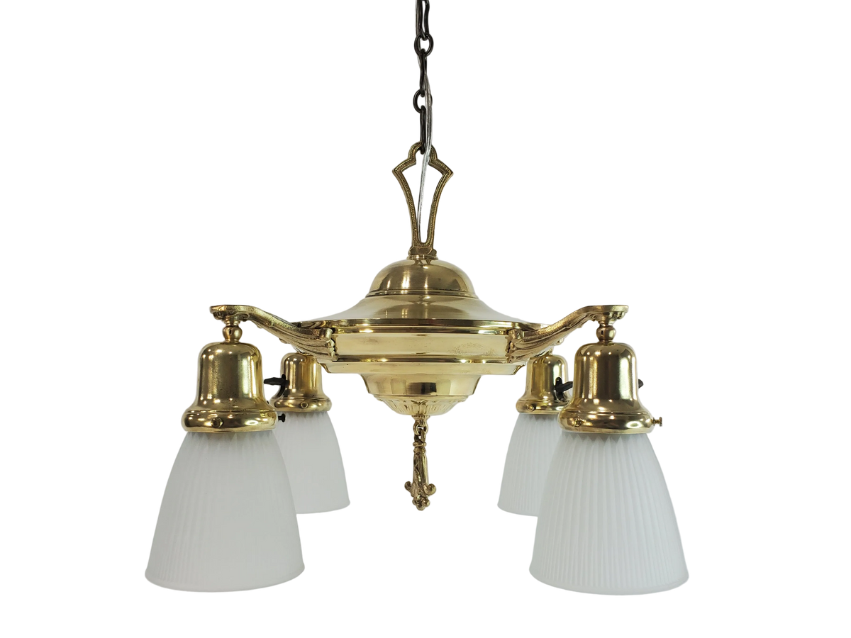 Antique 1920s Polished Brass 4-Light Pan Chandelier - Fully Restored
