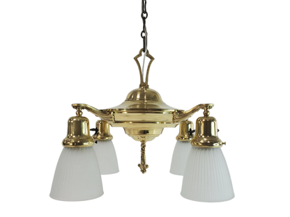 Antique 1920s Polished Brass 4-Light Pan Chandelier - Fully Restored