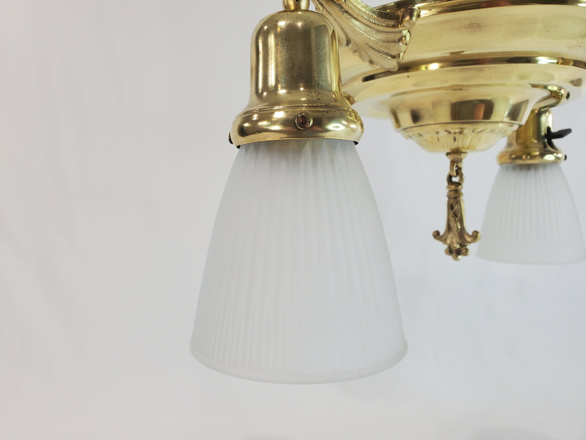 Antique 1920s Polished Brass 4-Light Pan Chandelier - Fully Restored