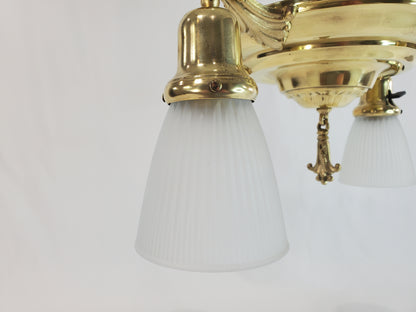 Antique 1920s Polished Brass 4-Light Pan Chandelier - Fully Restored