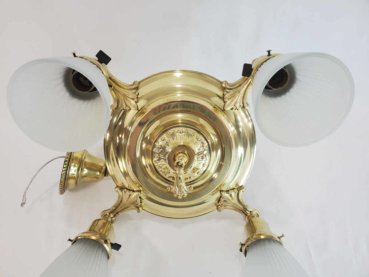 Antique 1920s Polished Brass 4-Light Pan Chandelier - Fully Restored
