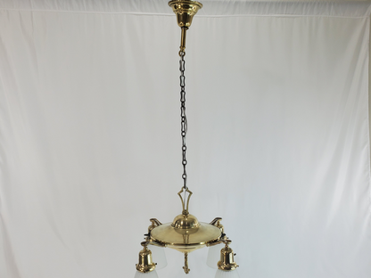 Antique 1920s Polished Brass 4-Light Pan Chandelier - Fully Restored