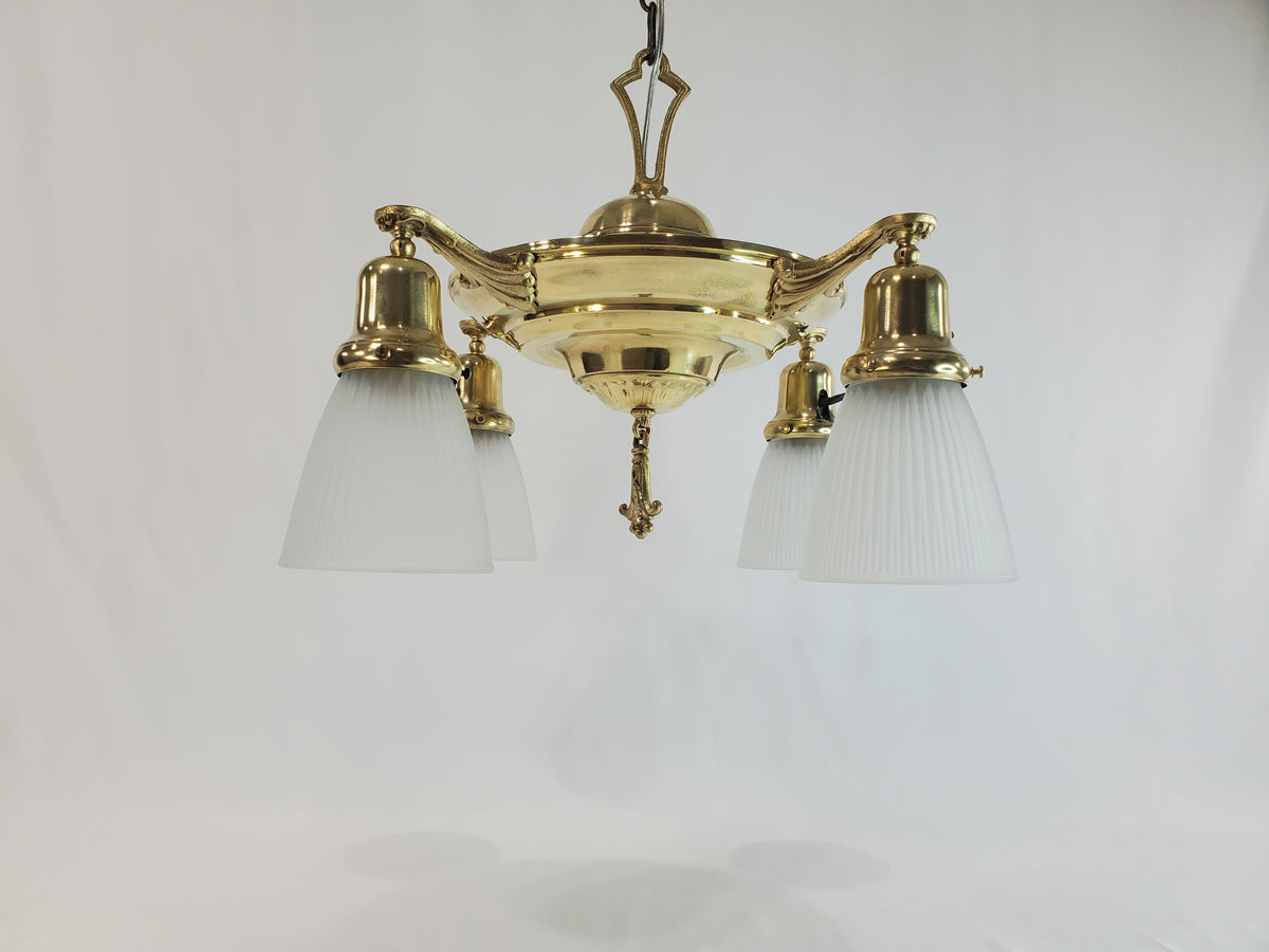 Antique 1920s Polished Brass 4-Light Pan Chandelier - Fully Restored