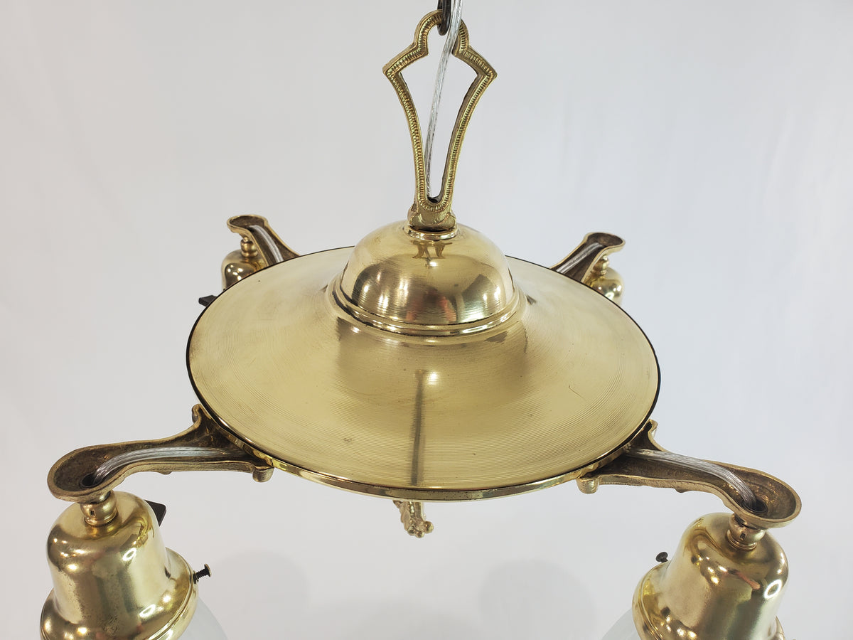 Antique 1920s Polished Brass 4-Light Pan Chandelier - Fully Restored