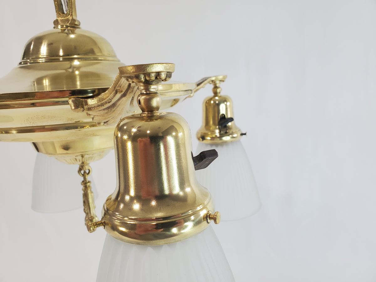 Antique 1920s Polished Brass 4-Light Pan Chandelier - Fully Restored