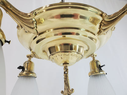 Antique 1920s Polished Brass 4-Light Pan Chandelier - Fully Restored