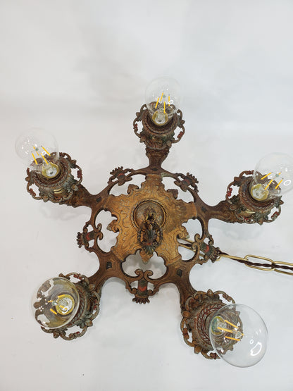 Antique 1920s Polychrome 5-Light Chandelier