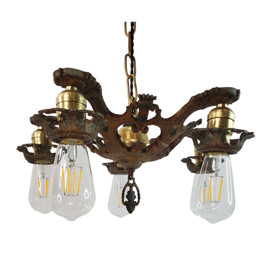 Antique 1920s Polychrome 5-Light Chandelier