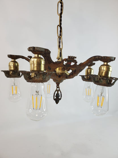 Antique 1920s Polychrome 5-Light Chandelier