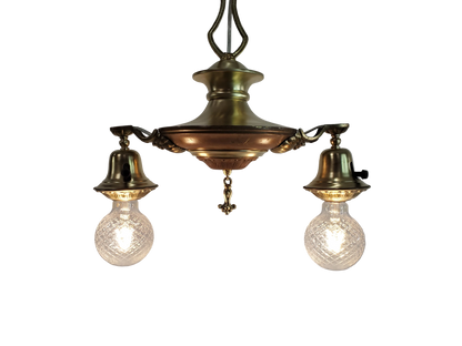 Antique 1920s Victorian 2 Arm Brass Pan Chandelier No. 2