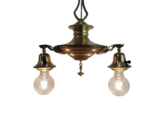 Antique 1920s Victorian 2 Arm Brass Pan Chandelier No. 2