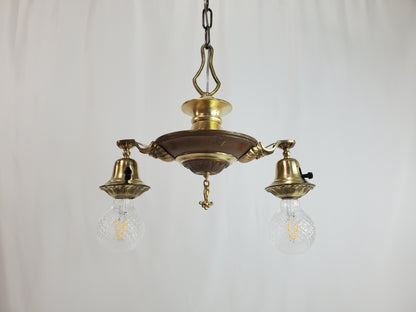 Antique 1920s Victorian 2 Arm Brass Pan Chandelier No. 2