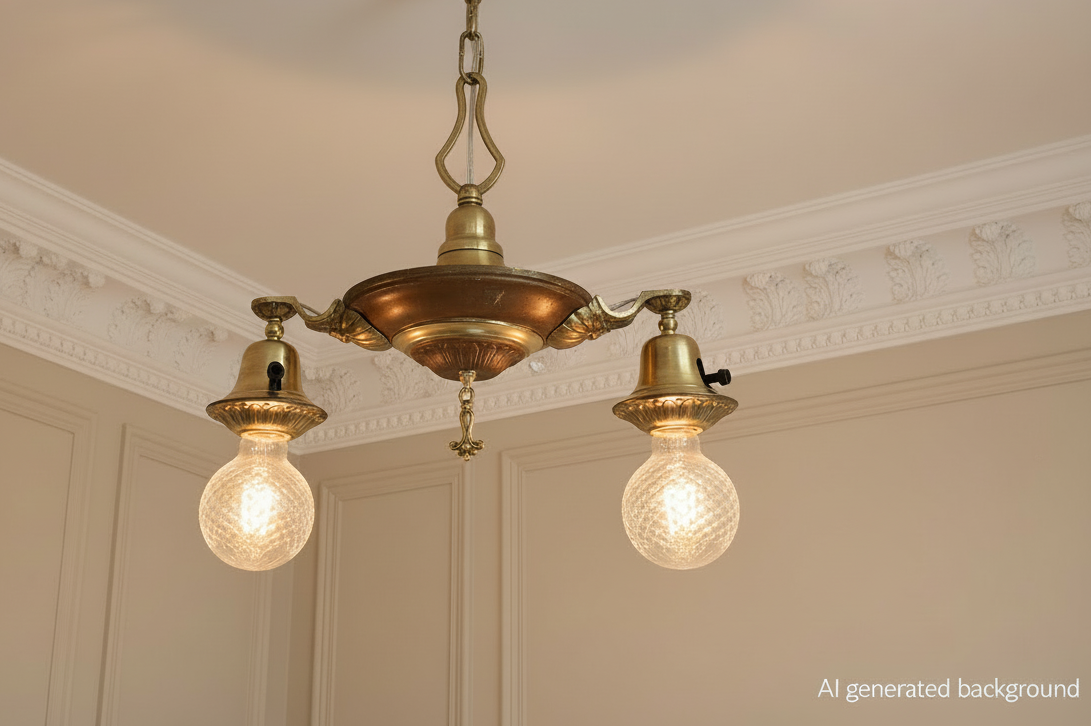 Antique 1920s Victorian 2 Arm Brass Pan Chandelier No. 2