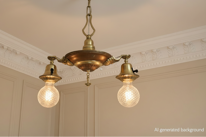 Antique 1920s Victorian 2 Arm Brass Pan Chandelier No. 2