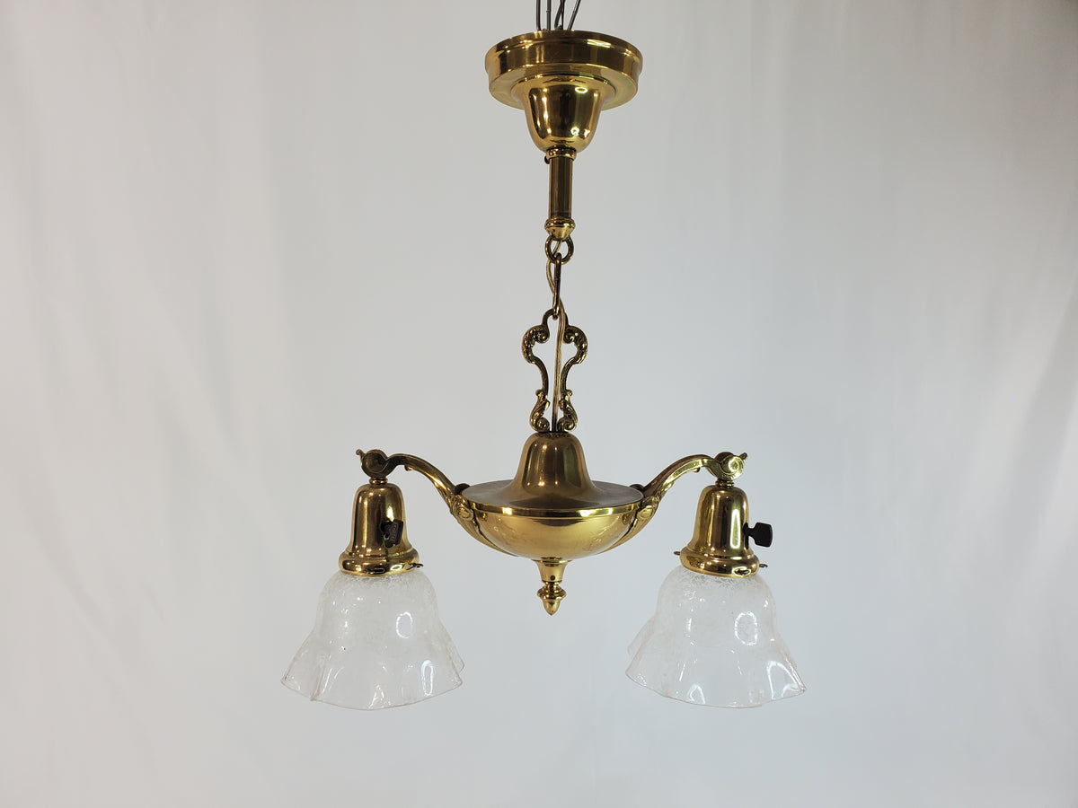 Antique 1920s Victorian 2 Arm Brass Pan Chandelier No. 3