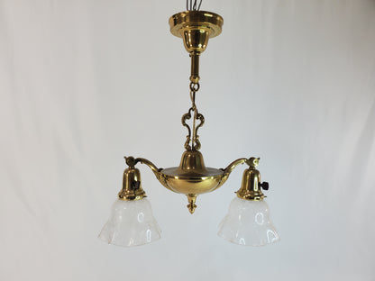 Antique 1920s Victorian 2 Arm Brass Pan Chandelier No. 3