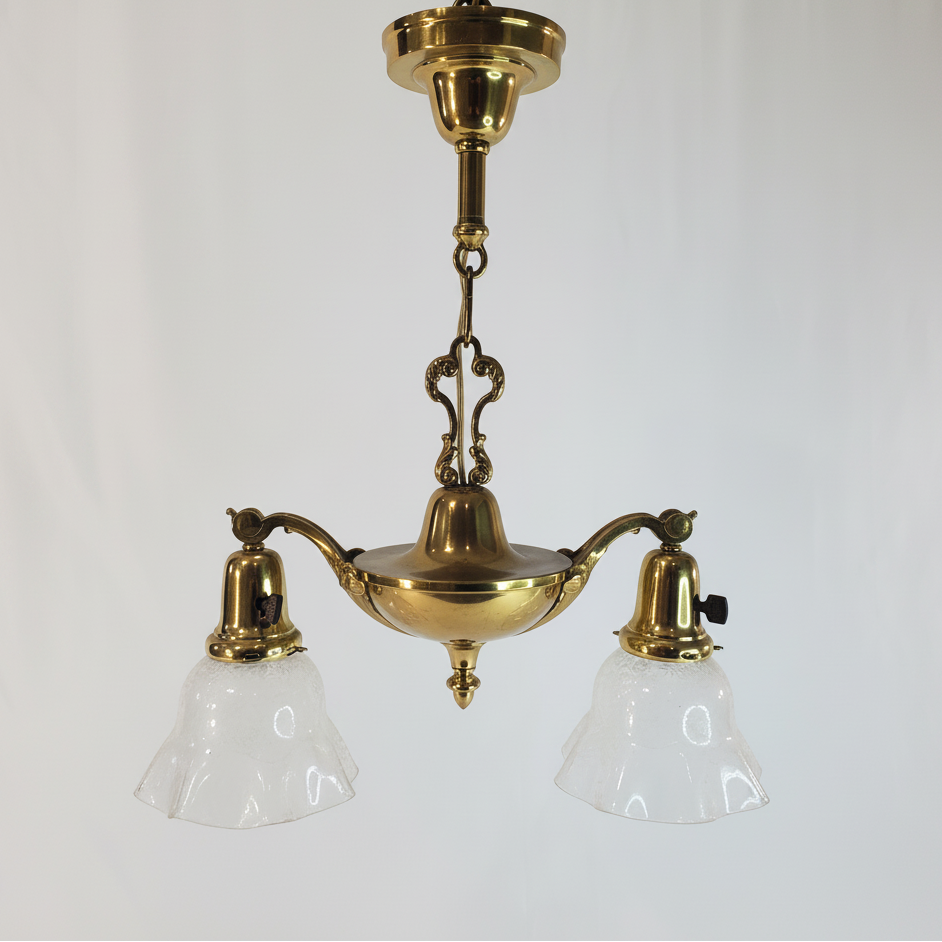 Antique 1920s Victorian 2 Arm Brass Pan Chandelier No. 3