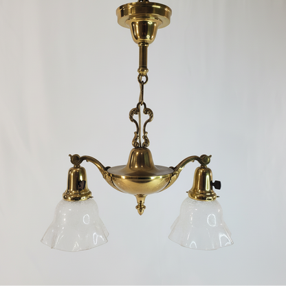 Antique 1920s Victorian 2 Arm Brass Pan Chandelier No. 3
