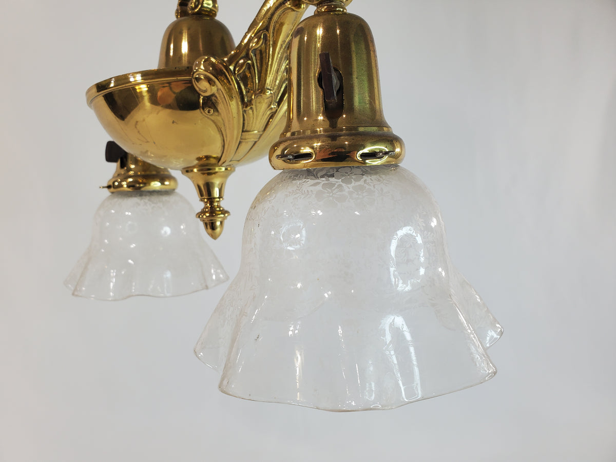 Antique 1920s Victorian 2 Arm Brass Pan Chandelier No. 3
