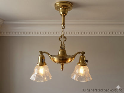 Antique 1920s Victorian 2 Arm Brass Pan Chandelier No. 3