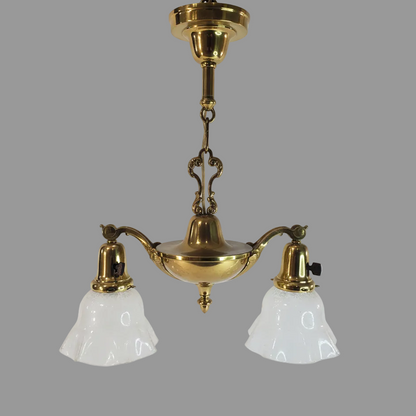 Antique 1920s Victorian 2 Arm Brass Pan Chandelier No. 3