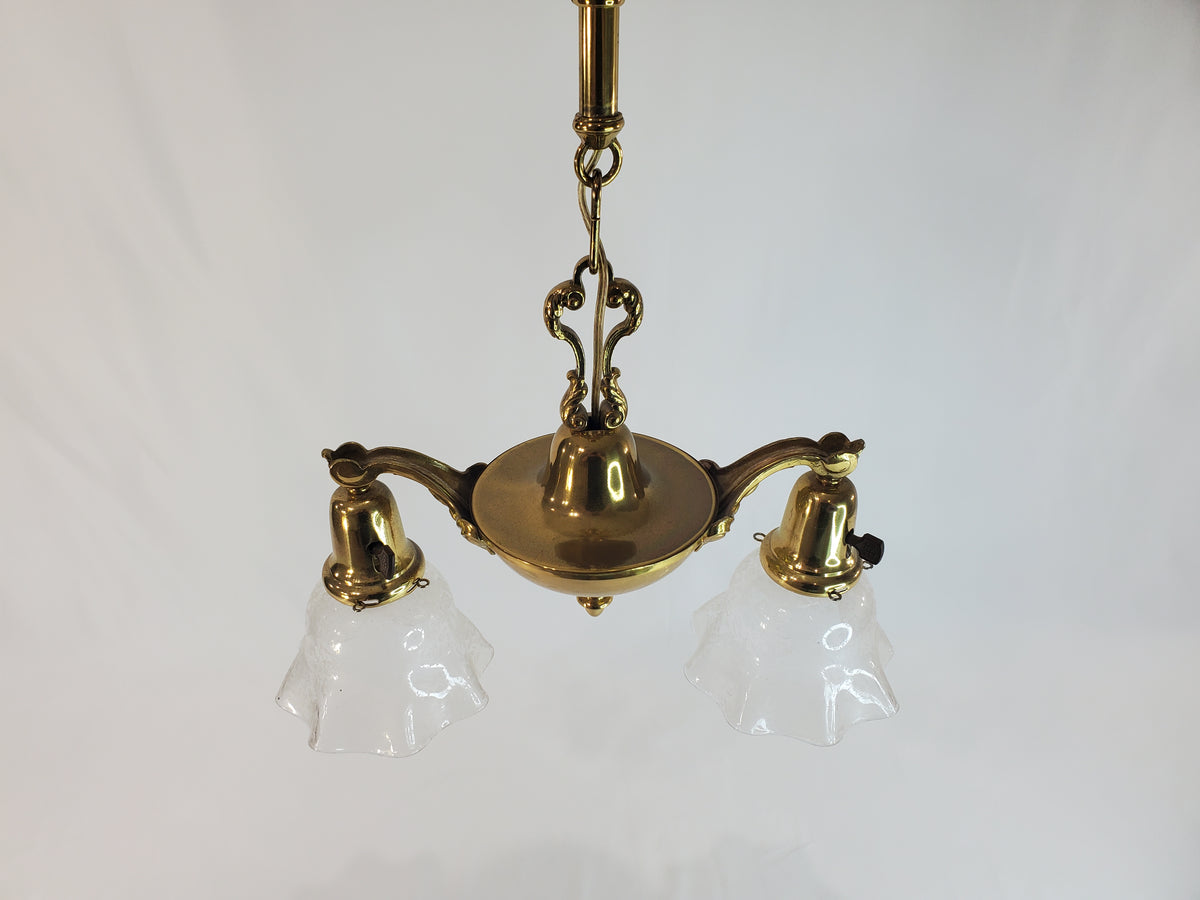 Antique 1920s Victorian 2 Arm Brass Pan Chandelier No. 3