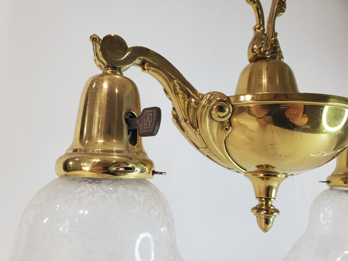 Antique 1920s Victorian 2 Arm Brass Pan Chandelier No. 3