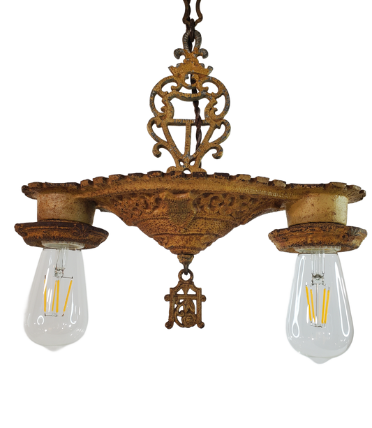 Antique Art Deco Cast Iron 2-Light Chandelier 1920s