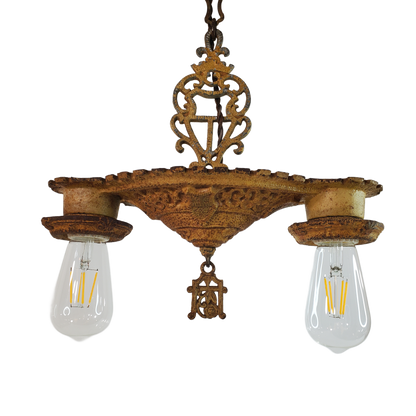 Antique Art Deco Cast Iron 2-Light Chandelier 1920s