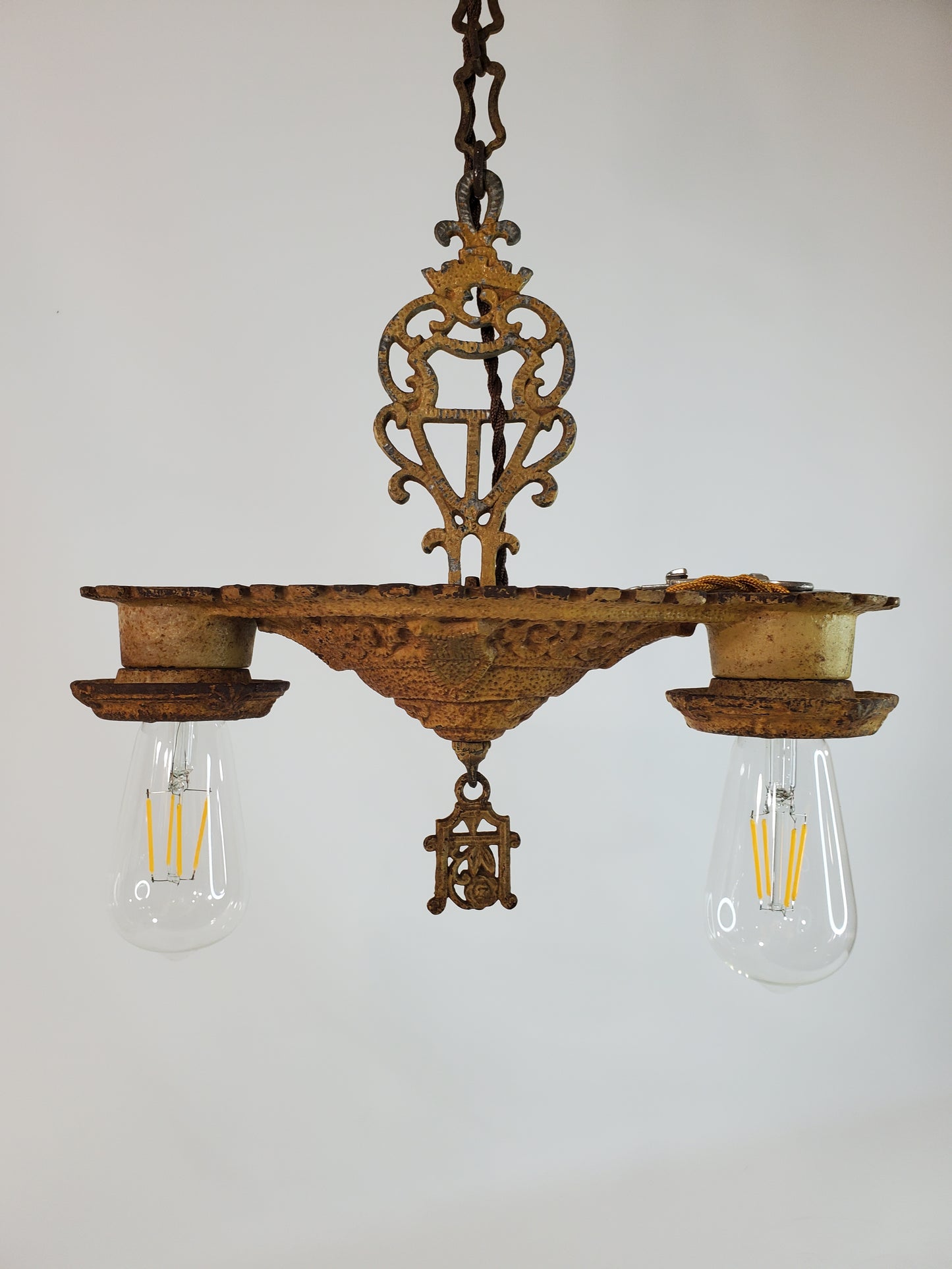 Antique Art Deco Cast Iron 2-Light Chandelier 1920s