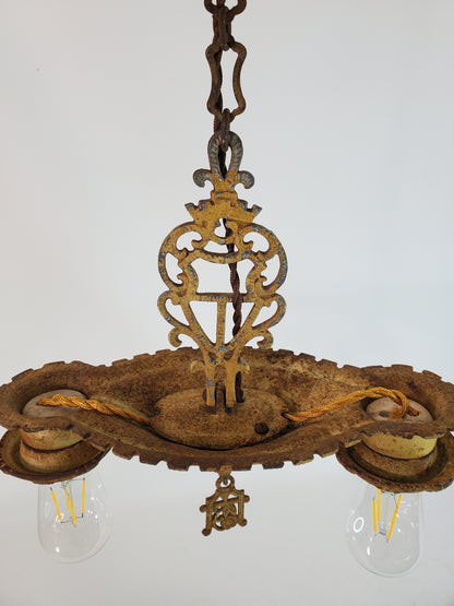 Antique Art Deco Cast Iron 2-Light Chandelier 1920s